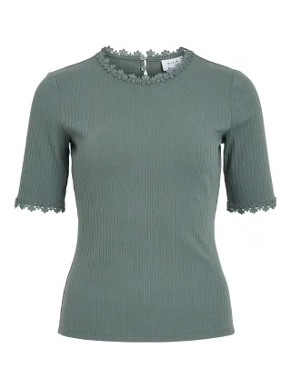 VILA - VIBABIA FLOWER O-NECK 2/4 TOP/LC/1 Balsam Green - Gr. - S
