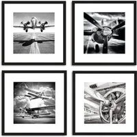 artissimo Bild mit Rahmen Bilder-Set mit Rahmen 4x 30x30 cm / Wandbilder-Set gerahmt modern, Technik: Flugzeuge in Schwarz Weiß