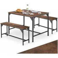tectake Sitzgruppe Essgruppe 3-teilig, mit höhenverstellbaren Kunststofffüßen, (Loungeset Bolton, 3-tlg., in Industrial Holz dunkel, rustikal), Esstisch mit 2 Sitzbänken, Industrial Style, Holz und Stahl