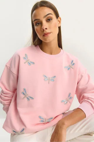 Libelle Bestickter Rundhals-Sweatshirt