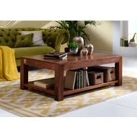 Massivmoebel24 Couchtisch OXFORD (120x75x45 Akazie, Couchtisch aus massiven Akazienholz im Landhausstil), hochwertiges Edelholz,authentische Holzadern,aufwendige Schnitzereien