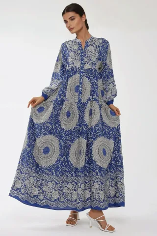 Bedrucktes Langarm-Viskose-Maxi-Kleid