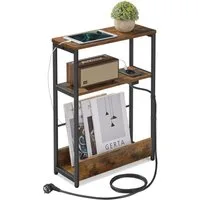 VASAGLE Beistelltisch schmal, Nachttisch, für Wohnzimmer, Schlafzimmer, 18 x 45 x 58 cm, mit Ladefunktion, Couchtisch, 3 Ablagen, vintagebraun-tintenschwarz