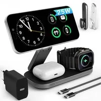GreenHec Ladestation 25w Apple Watch iPhone 17 16 3in1 MagSafe Wireless Charger Wireless Charger (3000 mA, Spar-Set, 3in1 PowerBase + USB-C Kabel + 35w Ladegerät, Pro Max Air Plus Charging Station Kabelloses Induktionsladegerät Fast)