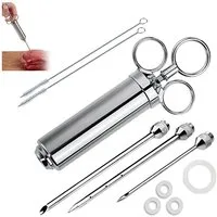 HEYHIPPO Back-Set Grillwerkzeuge, Fleischmarinaden-Injektor, Truthahn-Marinaden-Injektor, (Eine Spritze mit 3 Ersatznadeln, nur zum Injizieren von Gewürzen, BBQ-Marinier-Utensilien-Set, leicht zu reinigen und tragbar), Edelstahl drei Ersatzköpfe,Soße