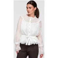 OMBRE Hemdbluse Damen Tüllbluse mit Spitze Elegant Vintage Weiß ONESIZE (kein Set, 1-tlg) Inklusive abnehmbarem Gürtel, Koronkowymi-Einsätze