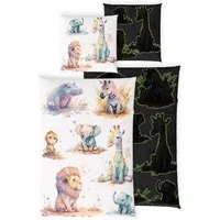 Carpe Sonno Kinderbettwäsche 135 x 200 Jungen Mädchen Leuchtende Bettwäsche Kinder Tiere Baumwolle, Renforcé, 2 teilig, GLOW IN THE DARK Bettbezug 135x200 - Löwe, Elefant, Giraffe