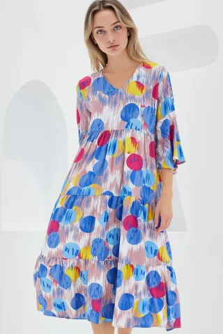 Mustered V-Ausschnitt Midikleid mit kurzen Ärmeln