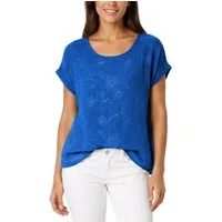 dy_mode Kurzarmbluse Kurzarm Bluse Elegantes Baumwollshirt Damen einfarbig Blusenshirt in Unifarben, Rundhalsausschnitt, mit Blumenstickerei