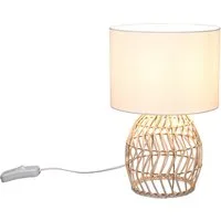 Reality Leuchten LED Nachttischlampe, Dimmfunktion, LED wechselbar, Warmweiß, dimmbar im Boho Style mit Rattan & Stoff Lampenschirm Weiß, Höhe 38cm