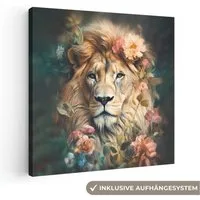 OneMillionCanvasses® Leinwandbild Löwe - Löwenkopf - Wilde Tiere - Blumen, Fotodruck (1 St), Wandbild, Deko Schlafzimmer Wohnzimmer Flur 20x20 cm