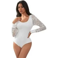 Lau-Fashion Body Bodysuits Langarm Spitze Lace Unterwäsche Blumen Reizwäsche S/XL