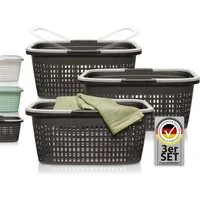 Hausfelder Wäschekorb Wäschewanne 58x37x25cm (Anthrazit-Schwarz, 3 Körbe, 35 l) (Set, 3 St., 3 x Wäschekorb), mit klappbaren Henkeln, mit Griffen, 35 Liter