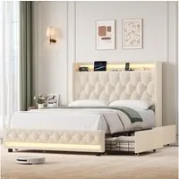 Homfa Polsterbett Doppelbett 140x200 Stauraumbett, mit Ladefunktion und 4 Schubladen, LED-Beleuchtung, ohne Matratze