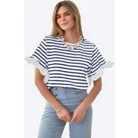 Imily Bela T-Shirt Damen Kurzarm Streifenmuster und Rüschenärmeln Casual Basic (Packung, 1-tlg., 1per-Pack) mit Rundhalsausschnitt