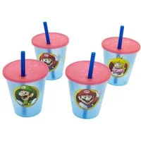 Super Mario Becher Kinder Becher Set 4 teilig 285 ml Becher mit Trinkhalm, 4-tlg.