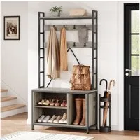 GarveeMore Garderobenständer 5-in-1 mit Schuhbank,3 Etagen Ablage und 8 Haken,178cm, mit Schuhschrank,verstellbare Füße,für Flure,Wohnzimmer,93x35x178cm