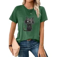 PYLIKE Rundhalsshirt Damen bequemes Sommer Kurzarmbluse Slim Fit Katze Print-Shirt Bequem für Freizeit und Büro