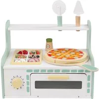 lupilu Spielzeug-Servierwagen Echt-Holz Spielzeug 18tlg Kinder Rollenspiel Pizzaofen, (Komplettset, 18-tlg., 18-teiliges Set), drehbarer Knopf mit Klickgeräusch, Pizzabelag, Speisetafel