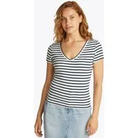 Tommy Jeans Kurzarmshirt TJW SLIM ESSENTIAL RIB V SHORT SLEEVE mit gerippter Struktur, V-Ausschnitt, Slim Fit
