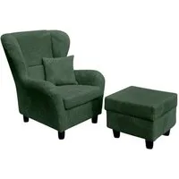 luma-home Ohrensessel 18018 (mit Hocker und Zierkissen, Wellenunterfederung, B90/H98/T76 cm), Lesesessel mit Echtholzfüßen, Bezug Cordstoff in Grün