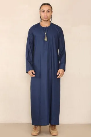 Blauer Thobe Jubba für Herren, Saudi-arabischer Eid-Emirati-Kaftan, Jubbah-Quastenrobe