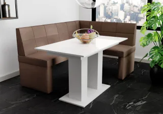 Eckbankgruppe 196x142 cm BLAKE XL L Stoff Soro Braun / Esstisch DANTE Weiß HGL