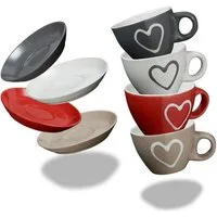 matches21 HOME & HOBBY Tasse Moderne Keramik Espresso-Tassen 4er Set beige weiß rot grau 50 ml, 4-tlg., Keramik, Kleine Landhaus-Stil Vintage Henkel Herz Kaffee-Tassen mit Untertassen