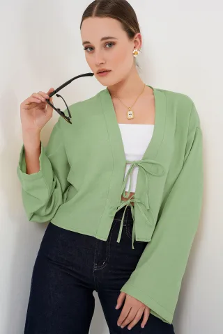 Viskose-Mix V-Ausschnitt Langarm-Kimono mit Bindungsdetails