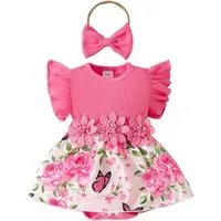 Lapastyle Strampler Neugeborenes Kurzarm Blumen Strampler & Haarband Outfits Baby Mädchen (Set, 2-tlg) Babykleidung mit Rüschen Sommerkleid süß Partykleid Set