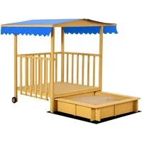 Outsunny Sandkasten Sandkiste aus Holz mit Spielhaus, (Kinderspielhaus, 1-tlg., Sandbox), für Garten, Balkon, Naturholz