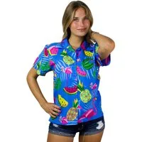 King Kameha Hawaiihemd Flamingo Melone Funky Hawaiibluse Damen Kurzarm Front-Tasche Stylish