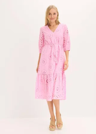 bonprix Midikleid aus reiner Baumwolle mit Lochstickerei, rosa, Gr.52, mit V-Ausschnitt und Lochstickerei, aus 100% Baumwolle