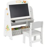 COSTWAY Kindersitzgruppe, (2-tlg), Kindertisch mit 2 Stühlen, 4-in-1 Kunststaffelei