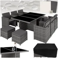 tectake Sitzgruppe Aluminium Rattan Gartenlounge für 6 bis 10 Personen, Inkl., (Loungeset New York, 12-tlg., für Außen in Grau), wetterfest und UV-beständig, 2 Bezugssets, mit Sicherheitsglasplatten