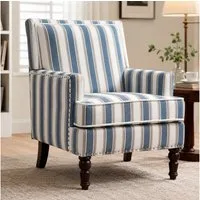 KLAM HOME Loungesessel Premium Vintage Akzentstuhl Blau-Weiß Gestreift Leinenstoff (Wohnzimmer Sessel mit edler Nagelkopfeinfassung & Massivholzrahmen), Bequemer Polster-Sessel mit Hochdicht-Schaum für stilvolle Innenräume