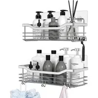 Refined Living Duschregal Duschablage ohne Bohren,Edelstahl Duschablage mit 5 Haken,2 Stück, Duschkörbe für Bad Küche Toilette,Duschregal,Badezimmer Regal Organizer,für Badezimmer, Schränke, Küchen 2-tlg., elbstklebender Duschkorb zur Aufbewahrung vo