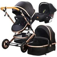 TPFFamily Kombi-Kinderwagen Baby Buggy Babyschale Babywanne 5-Punkt-Sicherheitsgurt Getränkehalter, Sicherheitsschlaufe Kinderwagen 3 in 1 mit Stoßfederung - Schwarz