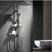 HOMELODY Duschsystem mit 30 cm SUS304 Regendusche und Duschablage, 5 Strahlarten Handbrause, höhenverstellbar, ohne Neubohren, Schwarz