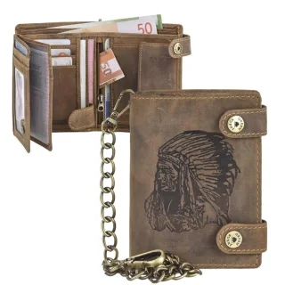 Kettenbörse Leder Indian-Prägung Hochformat | Greenburry Vintage Biker Portemonnaie mit Riegel & Kette 1796A-RI-25