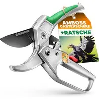 GRÜNTEK Gartenschere Amboss Strauchschere KONDOR 200 mm, automatisch zugeschaltete Ratsche, (Set, inkl. Ölschwamm und Schärfer), bis Ø24 mm, SK5 Klinge, Aluminium-Griffe mit PVC Beschichtung