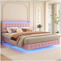 Flieks Polsterbett, LED Doppelbett Schwebebett 140x200cm mit hochstellbarem Kopfteil