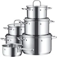 WMF Topf-Set Inspiration Induktion, Kochtopf Set mit Glasdeckel, Cromargan® Edelstahl Rostfrei 18/10 (Set, 11-tlg., 2x Bratentopf Ø 16/20cm, 3x Fleischtopf Ø 16/20/24cm, Stieltopf Ø 16cm), für alle Herdarten geeignet, unbeschichtet