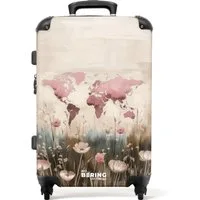 NoBoringSuitcases.com© Hartschalen-Trolley Weltkarte - Rosa - Blumen 67 cm - 72 L, 4 Rollen, Koffer Mittelgroß für 20kg, Suitcase für Erwachsene, Reisekoffer