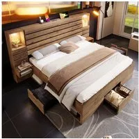 MODFU Holzbett Funktionsbett mit umfassendem Stauraum-System, mitLED-Beleuchtung, (Doppelbett, Funktionsbett, mit USB-/Type-C-Anschlüssen & offenen Kopfbrett-Regalen,180x200 cm), mit 4 Seitenfächern, 3 Schubladen & Nachttischen.mit 1 Matratze