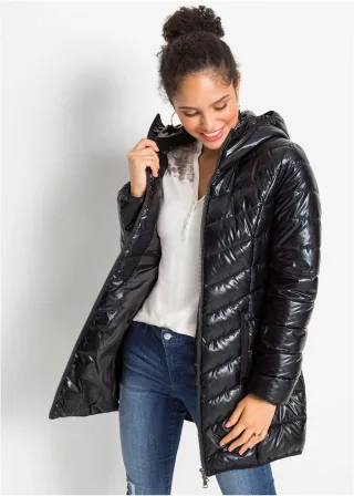bonprix Steppjacke in Metallic-Optik, schwarz, Gr.36, Kurzer Steppmantel mit Kapuze