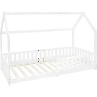 ML-DESIGN Spielbett Hausbett Kinderbett inkl. Lattenrost kreativ Bodenbett für Kinder, Abenteuerbett zum Spielen mit Rausfallschutz Kiefer Weiß Himmelbett