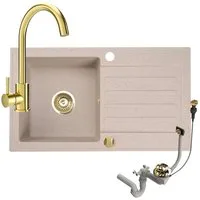 Faizee Möbel Granitspüle Granitspüle 76x44 und Armatur Gold Küchenspüle mit Siphon, Rechteck, 75/45 cm