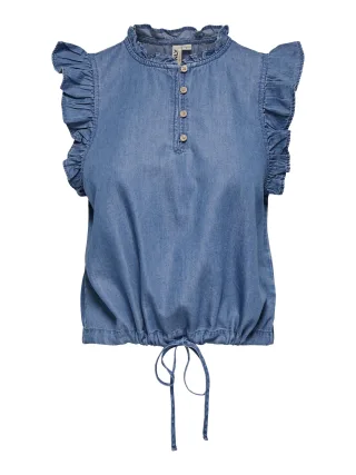 ONLY - ONLBEA S/L FRILL DNM TOP QYT Medium Blue Denim - Gr. - L
