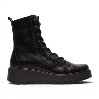 Fly London Damen Schwarze Leder-Schnürstiefel mit Keilabsatz – TERY554